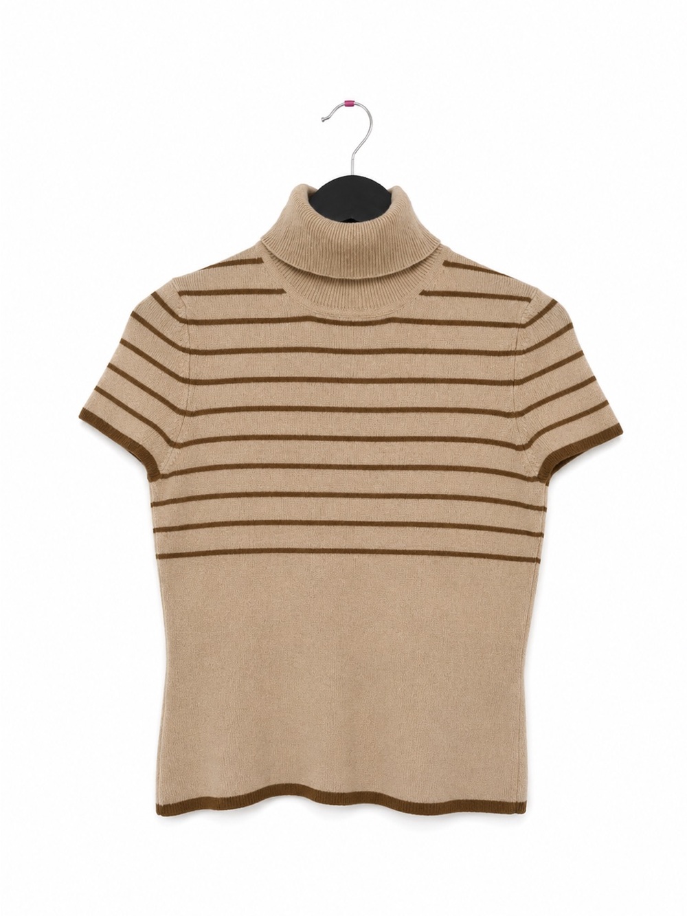 TSE Stripe Short Sleeve Cashmere Turtleneck Sweater Neutral Tan Brown Small